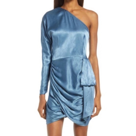 Elliatt Saronic One Shoulder Long Sleeve Blue Draped Front Dress - Picture 1 of 9